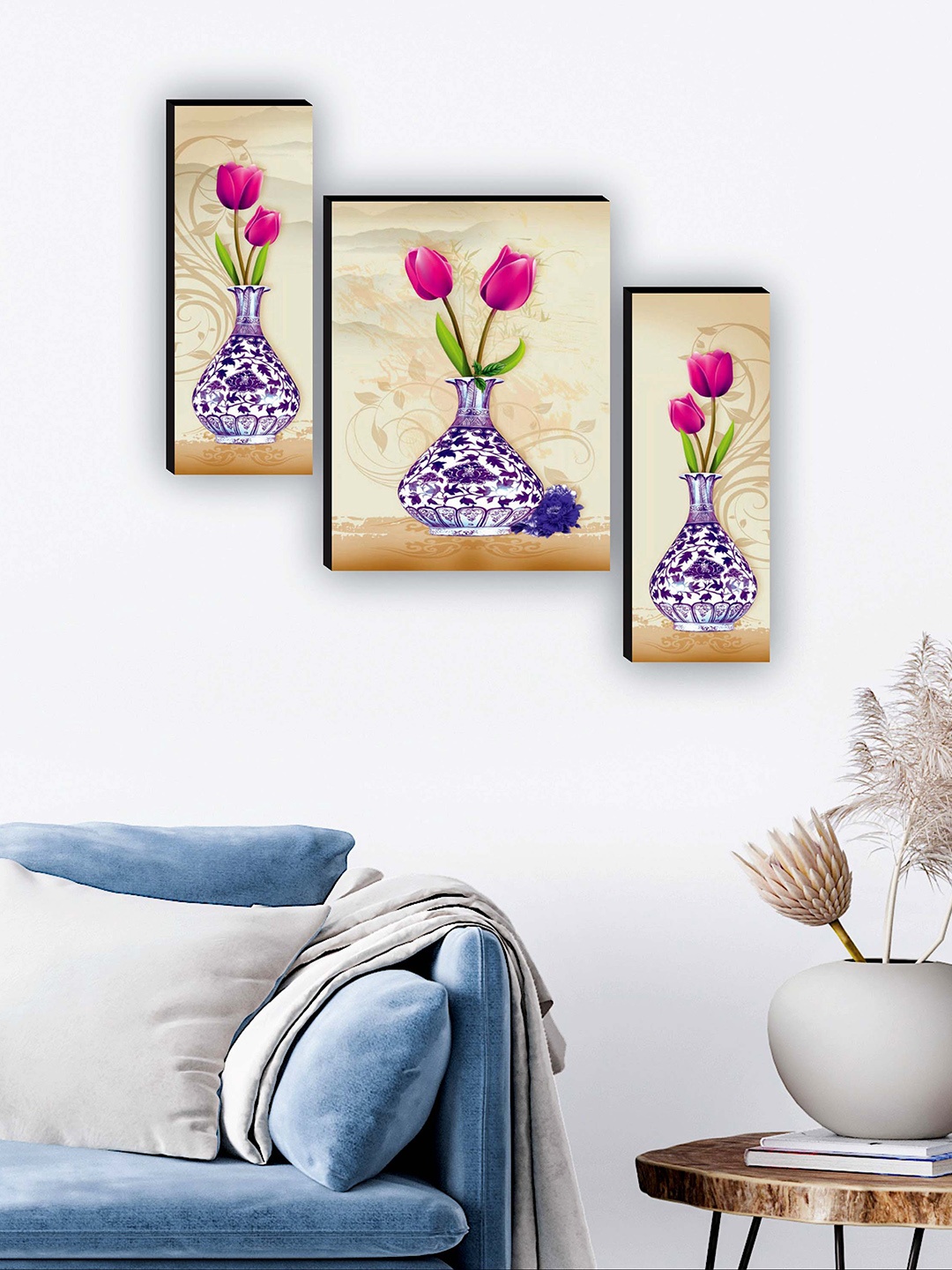 

SAF Beige & Purple 3 Pieces Flower Pot UV Textured Paintings Wall Art