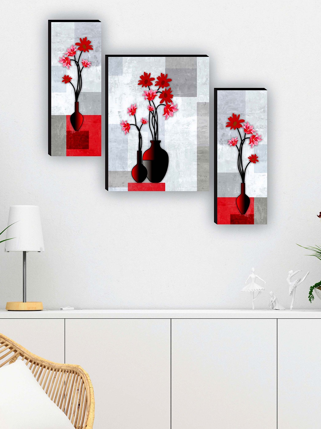 

SAF White & Red 3 Pieces Flower Pot Printed UV Textured Framed Wall Art
