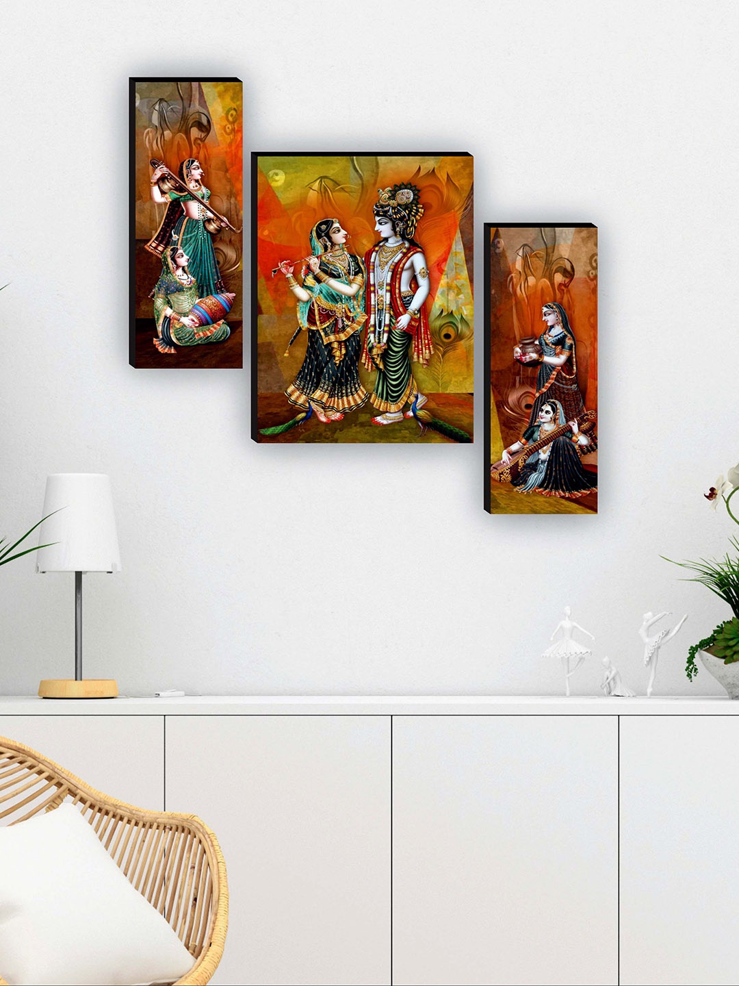 

SAF Brown & Green 3 Pieces Radha Krishna UV Textured Painting Wall Art