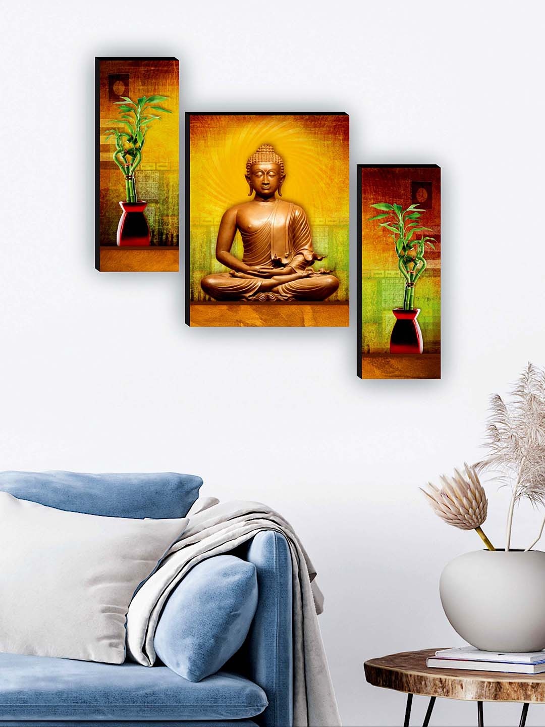 

SAF Yellow & Red 3 Pieces Buddha UV Textured Painting Wall Art