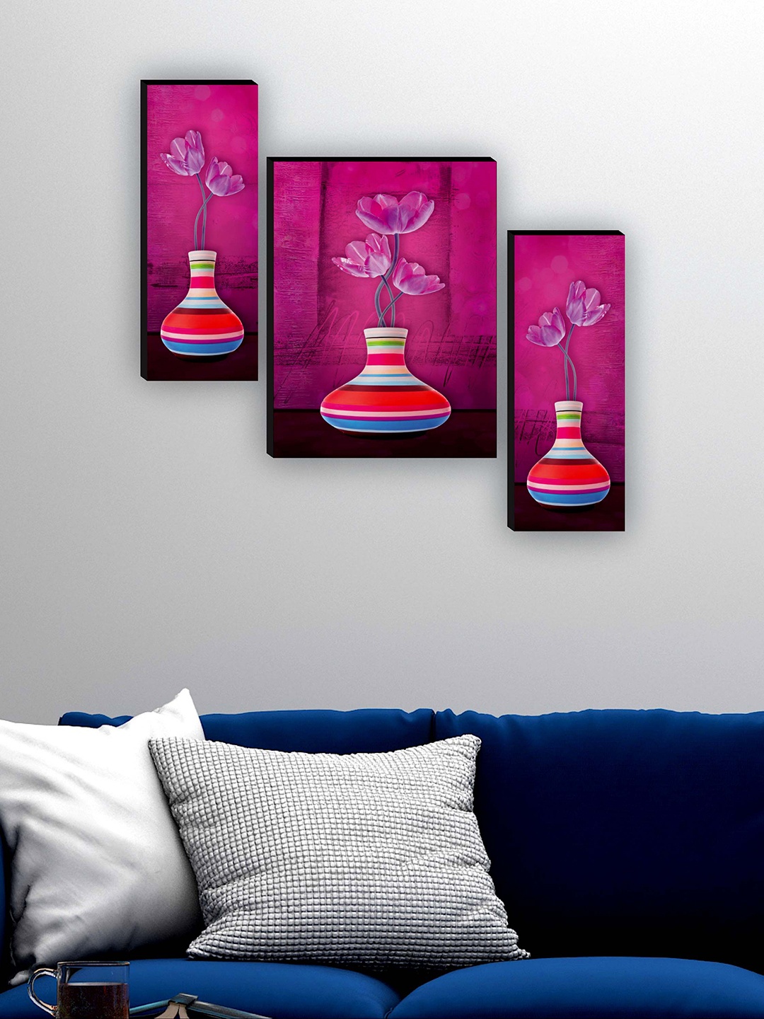 

SAF Pink & Purple 3 Pieces Flower Pot Painting Wall Art