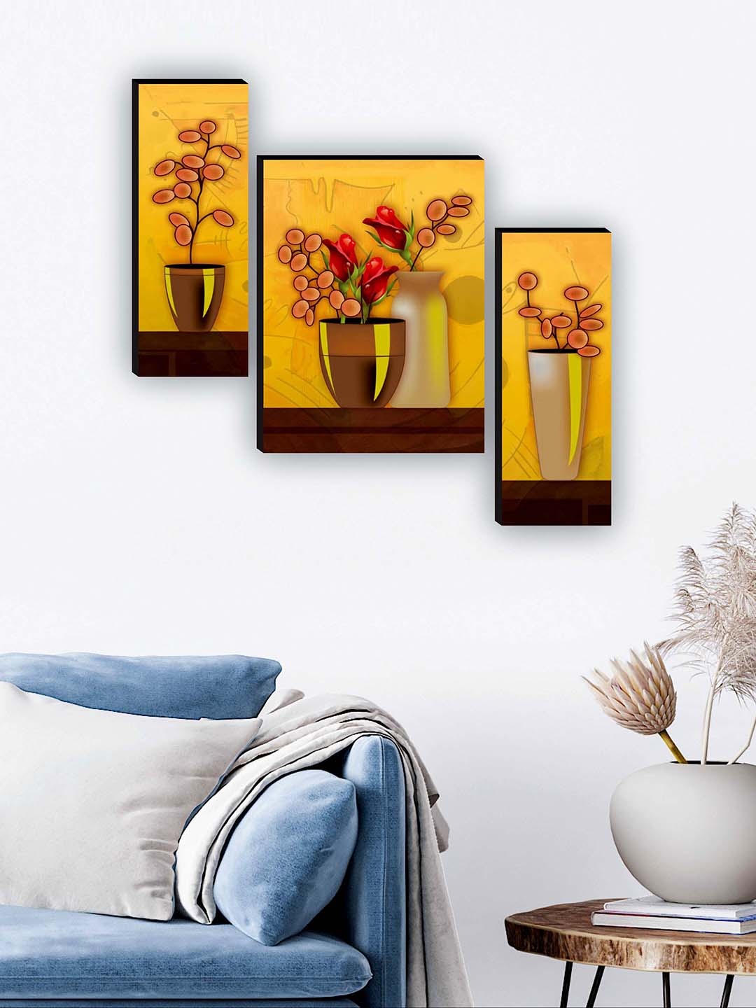 

SAF Brown & Yellow 3 Pieces Flower Pot Painting UV Textured Framed Wall Art