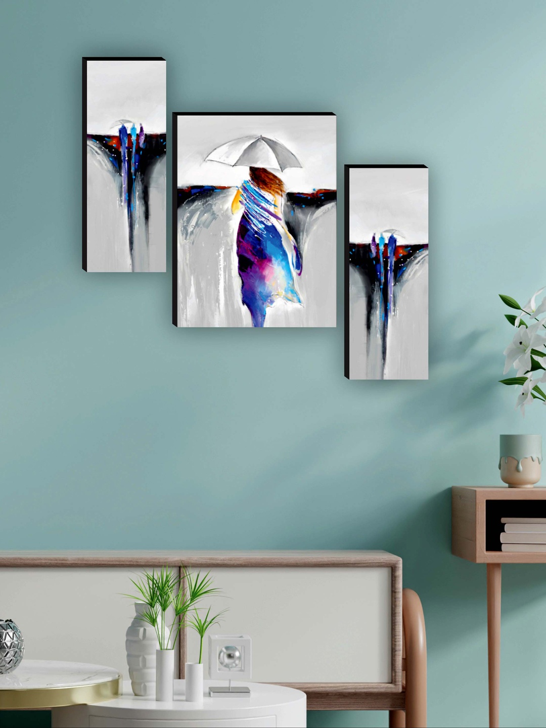 

SAF Grey & Blue 3 Pieces Traditional Rainy Umbrella Modern Art Painting Framed Wall Art