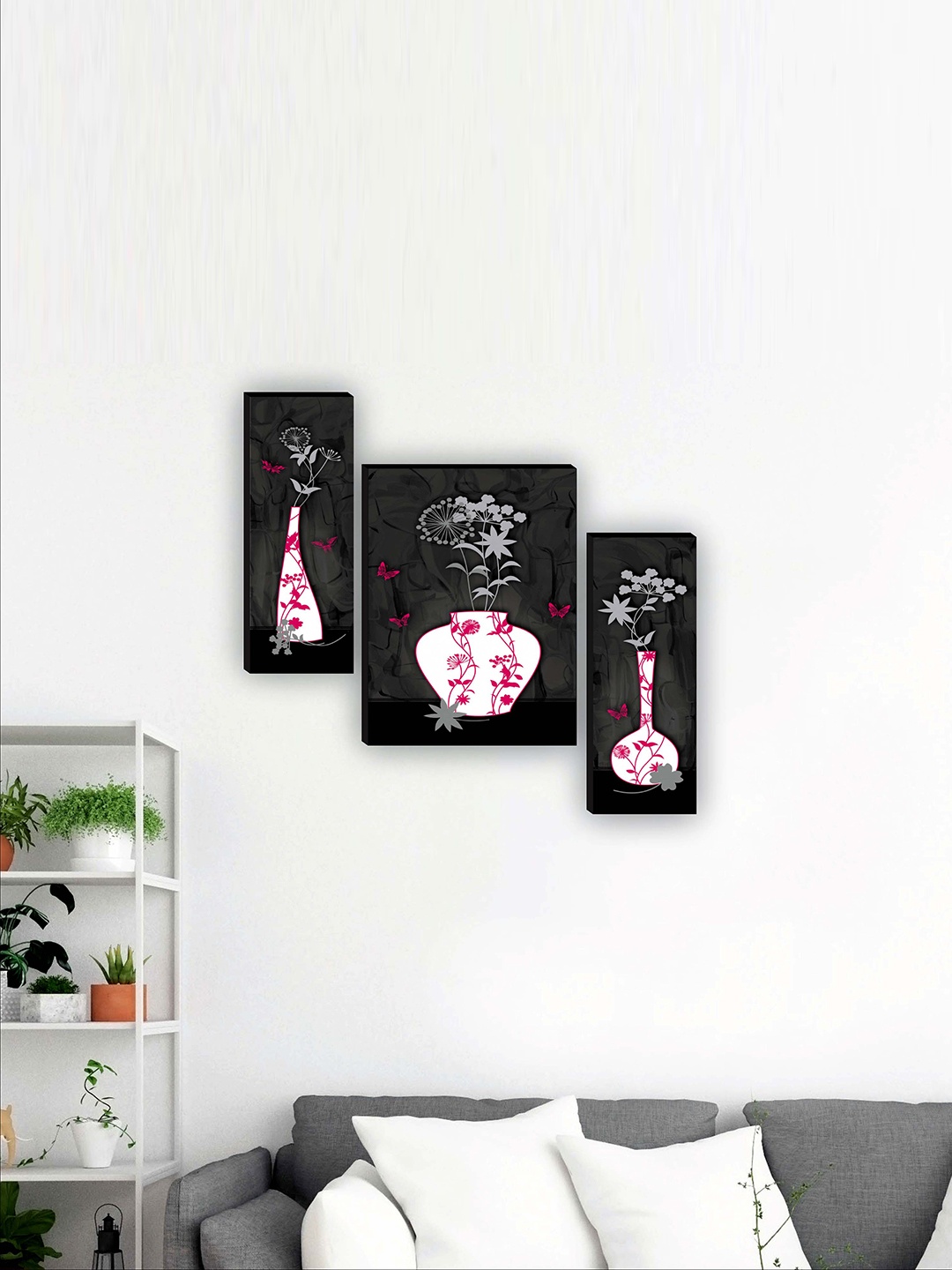 

SAF Black & White 3 Pieces Flower Pot Painting Framed Wall Art