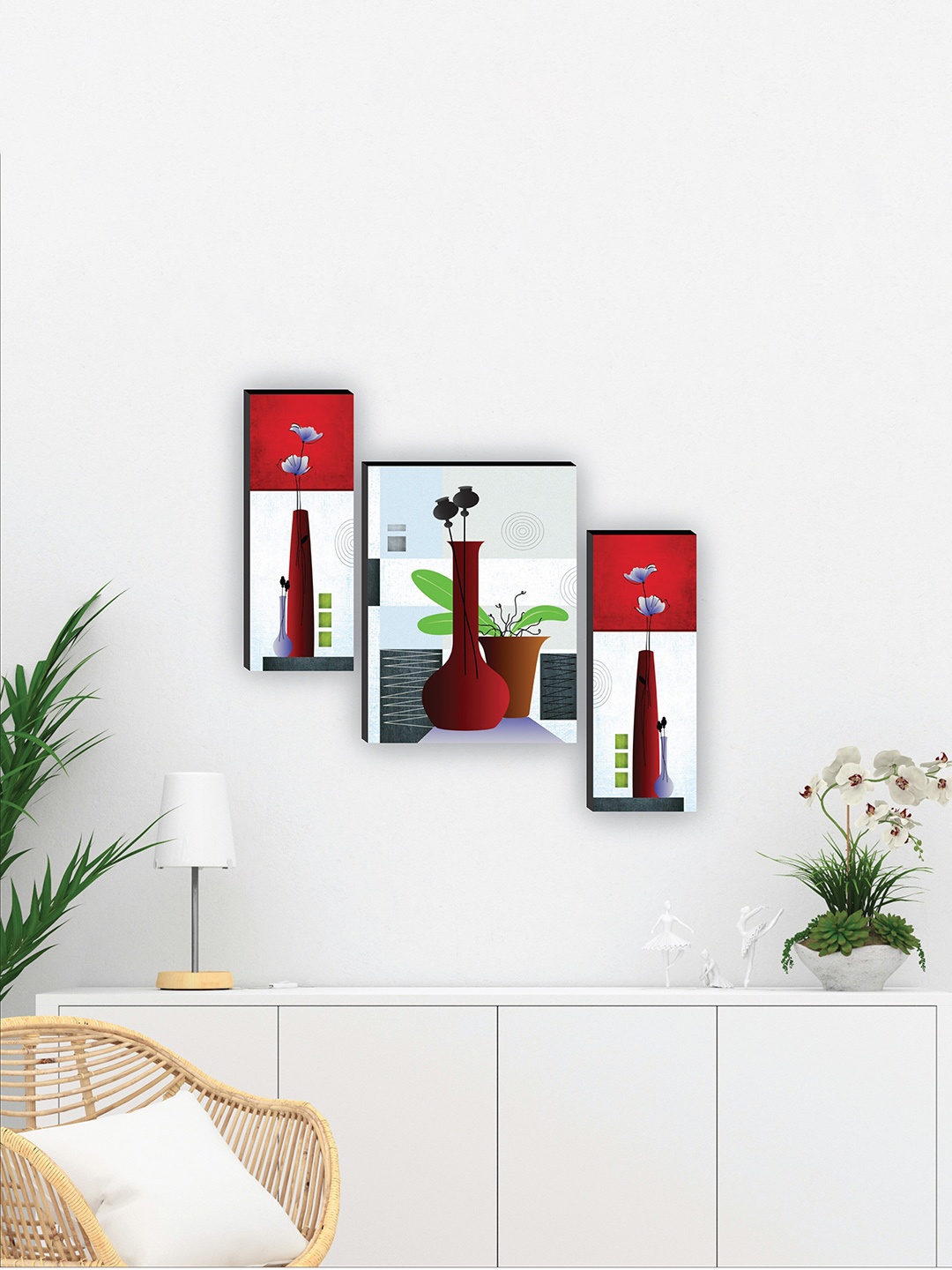 

SAF White & Red 3 Pieces Flower Pot Painting UV Textured Framed Wall Art