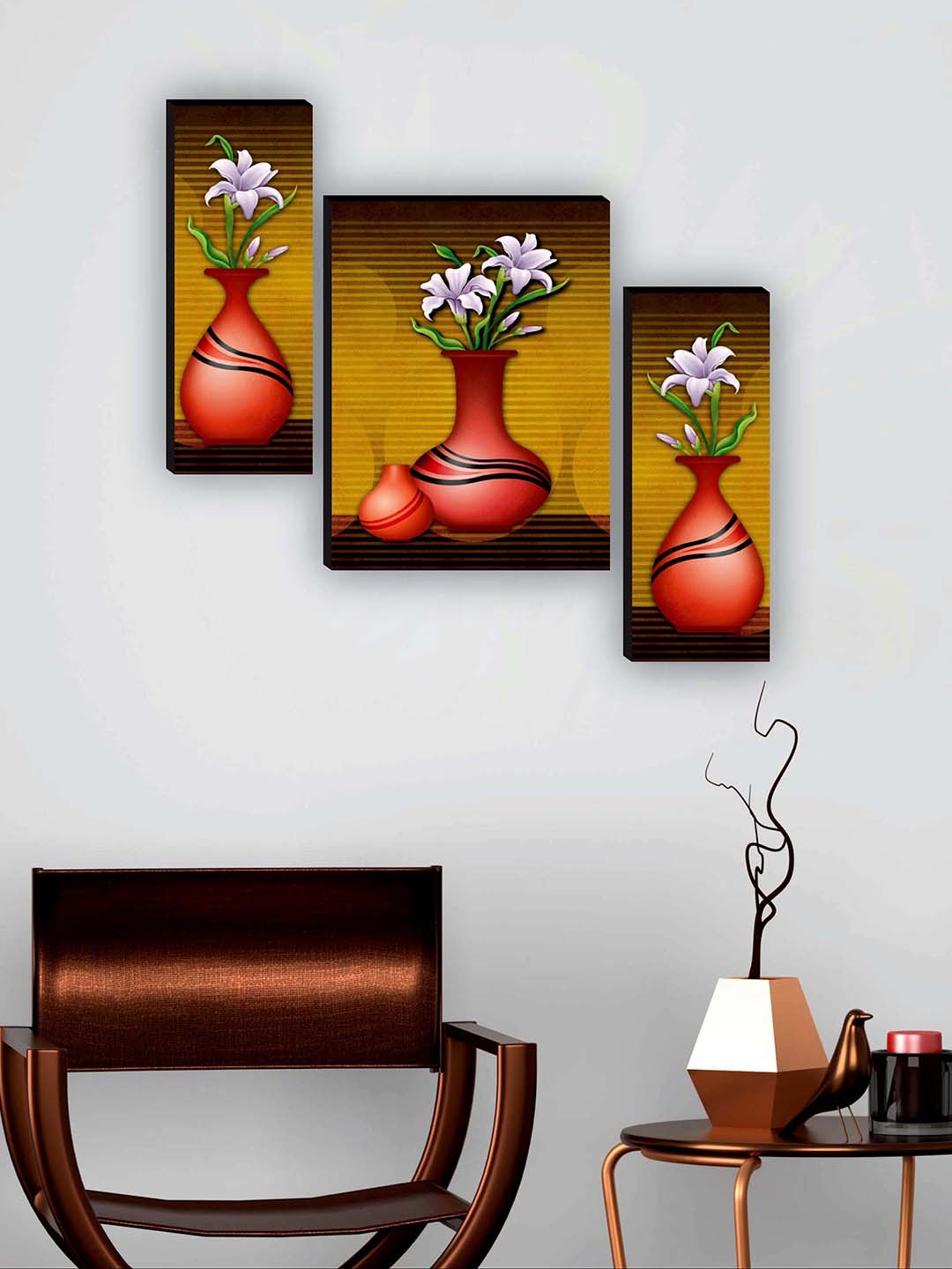 

SAF Brown & Green 3 Pieces Flower Pot UV Textured Paintings Wall Art