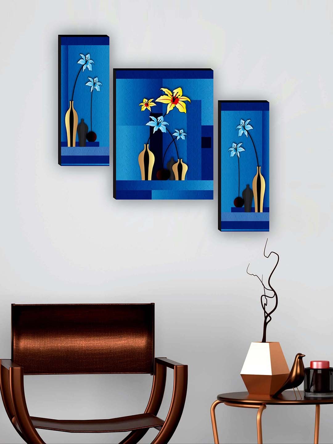 

SAF Blue & Black 3 Pieces Flower Pot UV Textured Paintings Wall Art