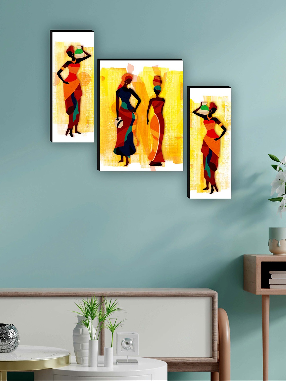 

SAF Yellow & Orange-Coloured 3 Pieces African Lady Dancing Painting UV Textured Wall Art