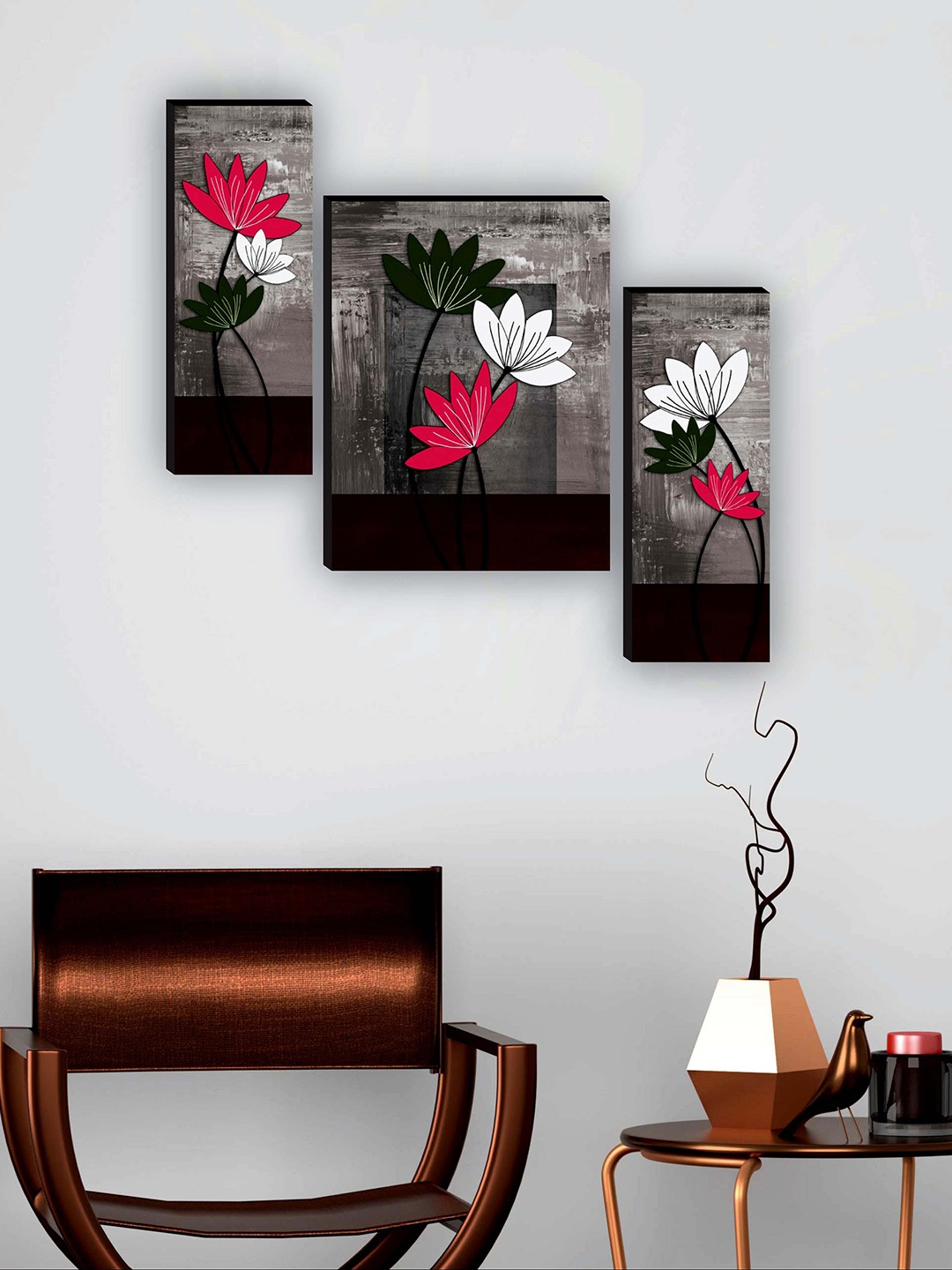

SAF Grey & Black 3 Pieces Flower Pot UV Textured Paintings Wall Art