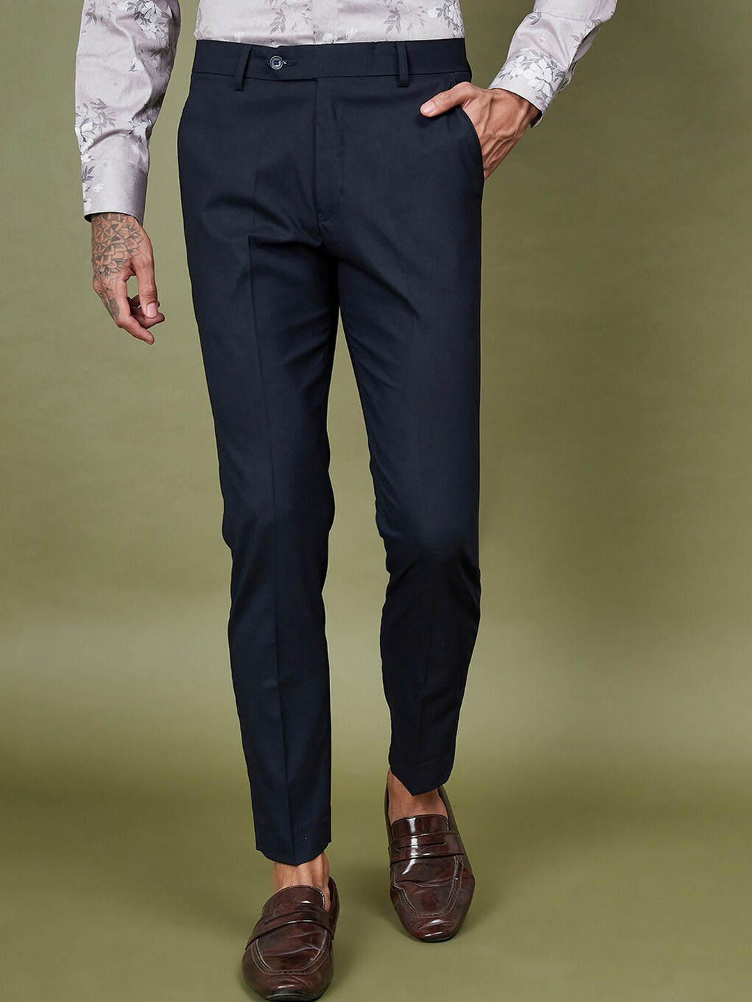 

DENNISON Men Smart Tapered Fit Easy Wash Formal Trousers, Blue