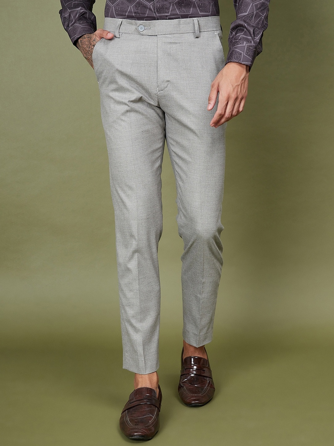 

DENNISON Men Smart Tapered Fit Easy Wash Formal Trousers, Grey
