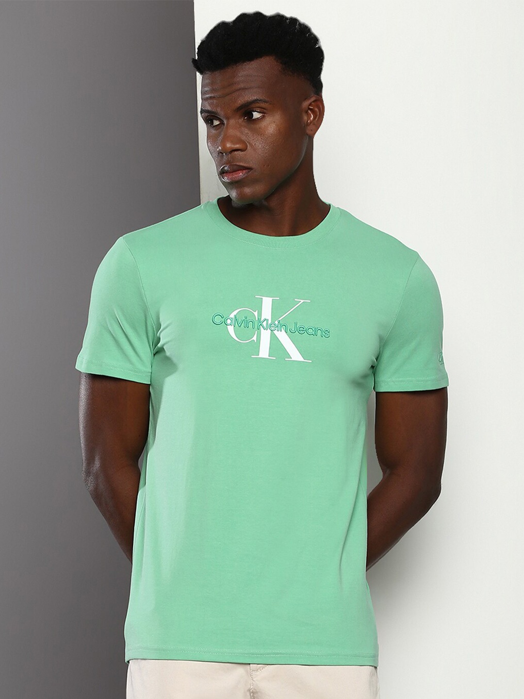 

Calvin Klein Jeans Brand Logo Printed Round Neck Slim Fit T-shirt, Green