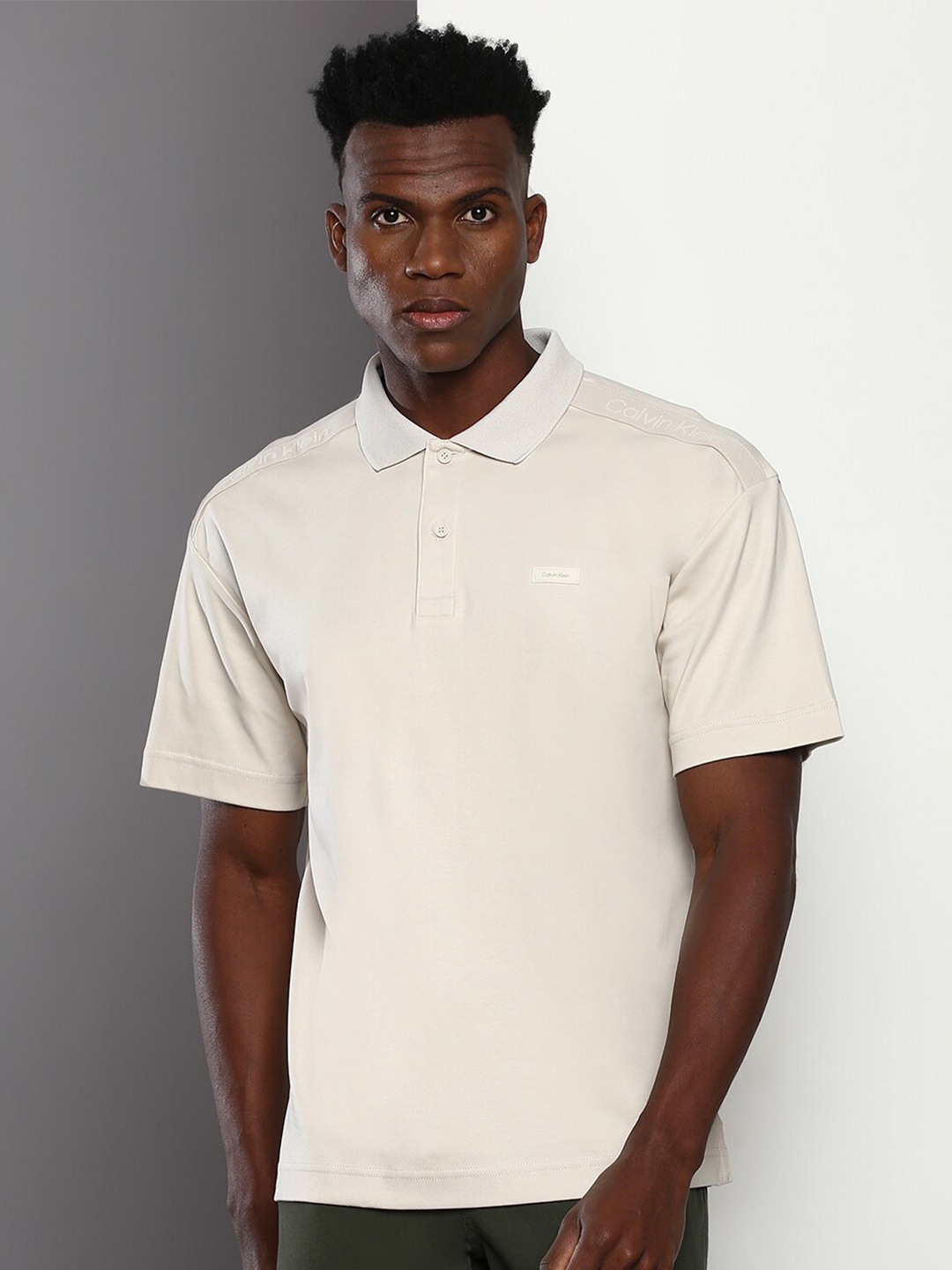 

Calvin Klein Jeans Polo Collar Short Sleeves Relaxed Fit Pure Cotton T-shirt, Beige