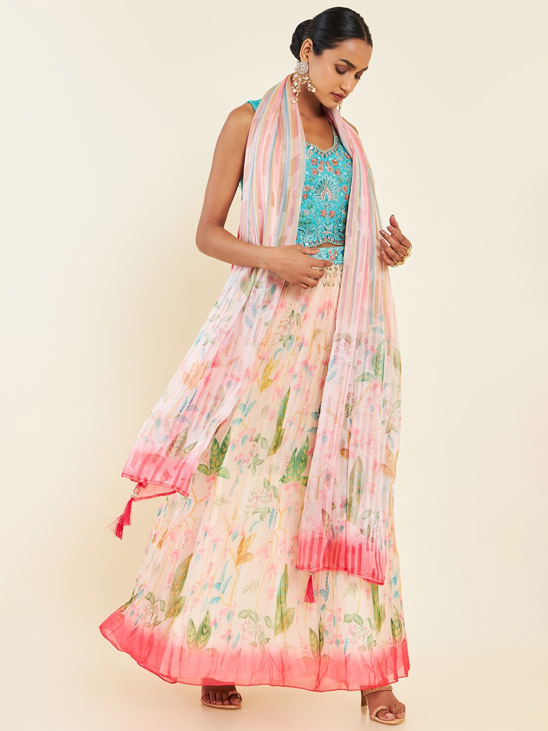 

Soch Embroidered Thread Work Ready to Wear Lehenga & Blouse With Dupatta, Peach