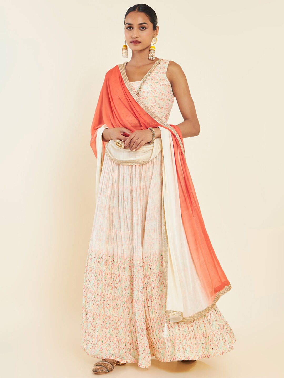

Soch Embroidered Thread Work Ready to Wear Lehenga & Blouse With Dupatta, Beige