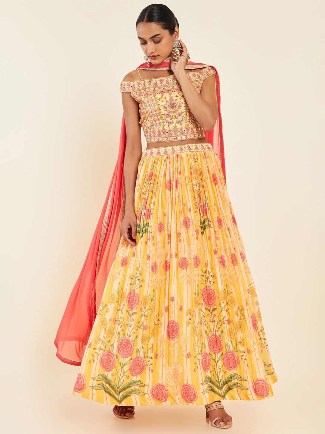

Soch Embroidered Thread Work Ready to Wear Lehenga & Blouse With Dupatta, Mustard