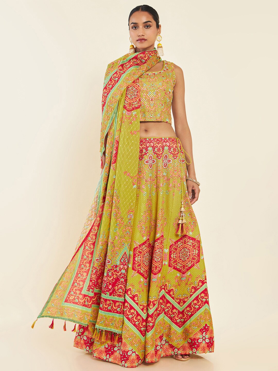 

Soch Embroidered Thread Work Ready to Wear Lehenga & Blouse With Dupatta, Green