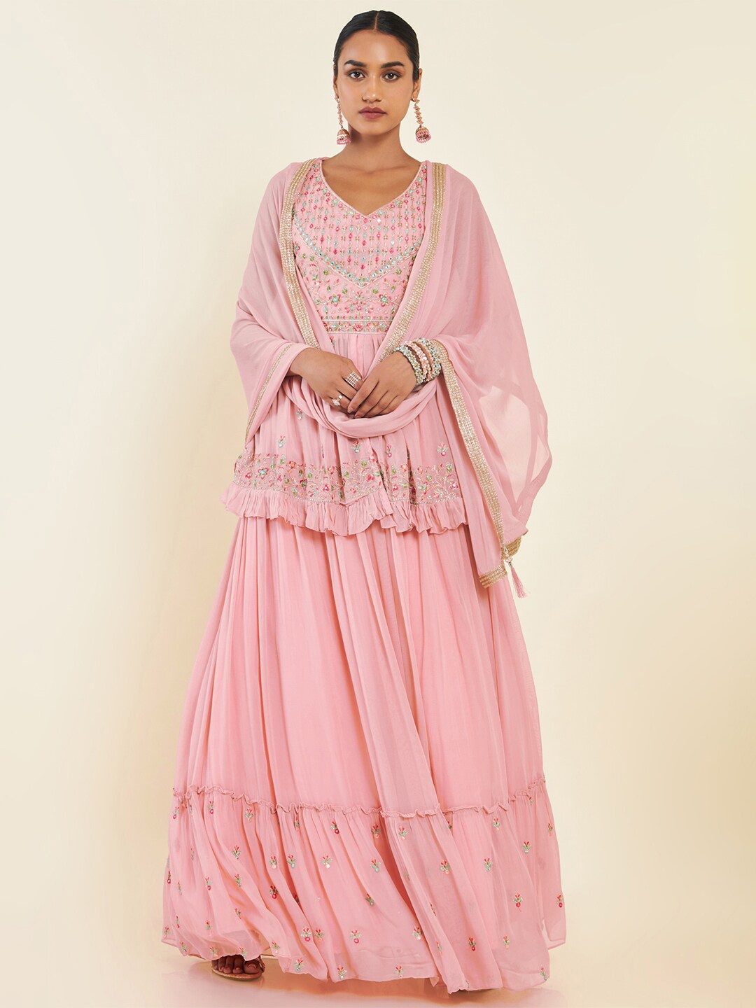 

Soch Peach-Coloured & Green Embroidered Thread Work Ready to Wear Lehenga & Blouse With Dupatta