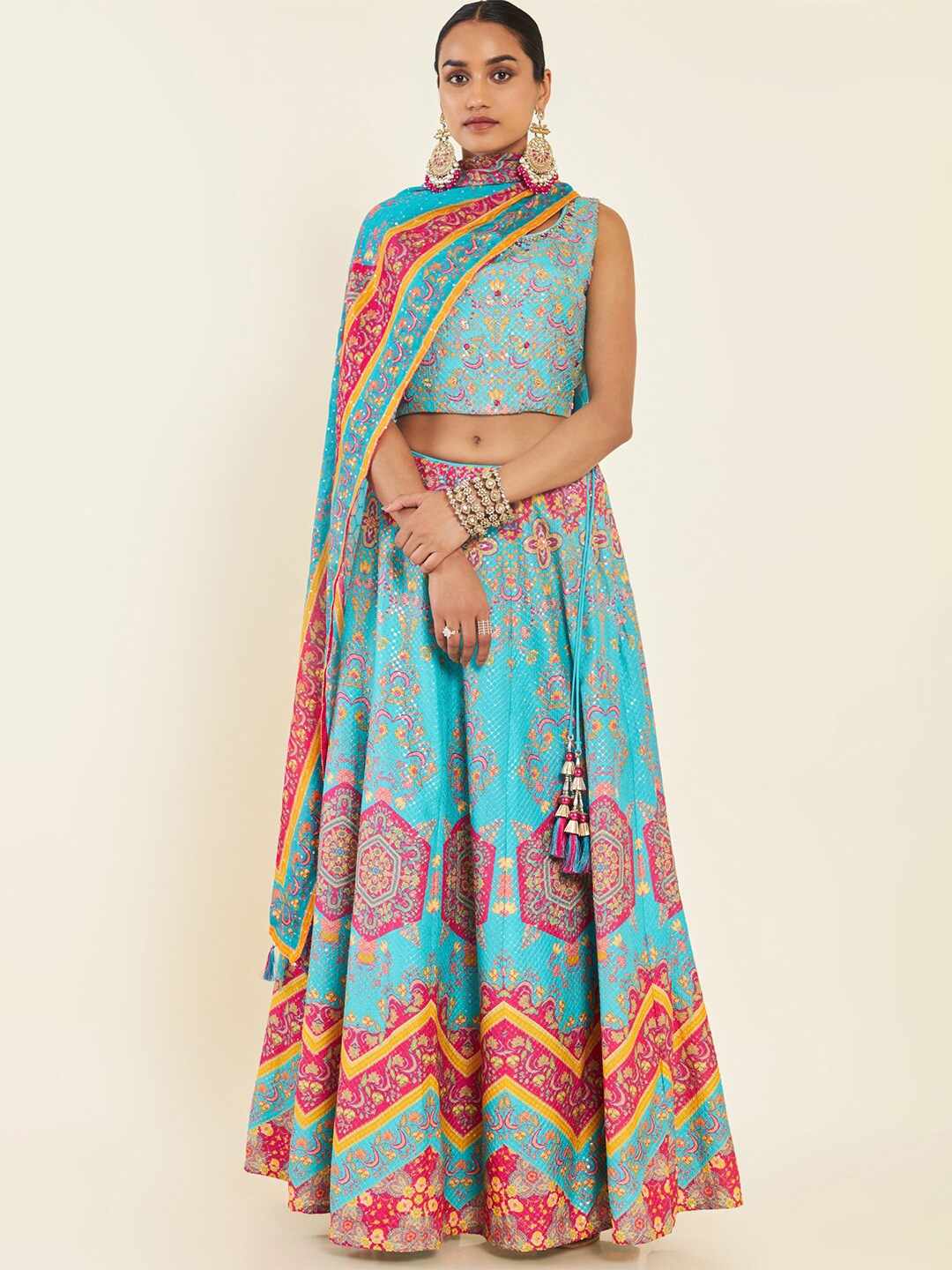 

Soch Blue & Pink Embroidered Ready to Wear Lehenga & Blouse With Dupatta