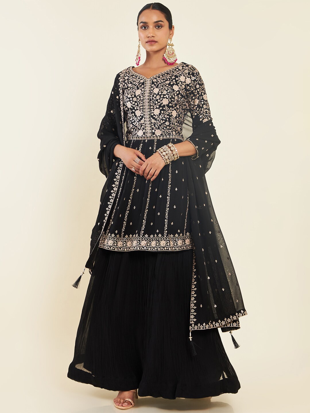 

Soch Embroidered Thread Work Ready to Wear Lehenga & Blouse With Dupatta, Black