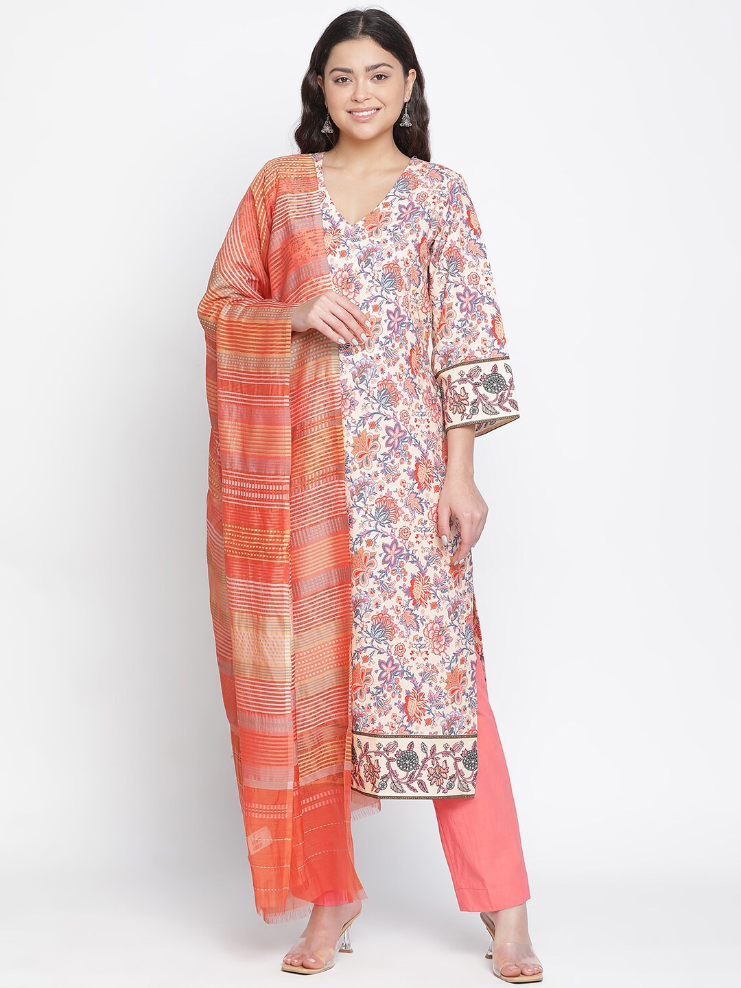 

SHINGORA Floral Printed Pure Cotton Unstitched Dress Material, Beige