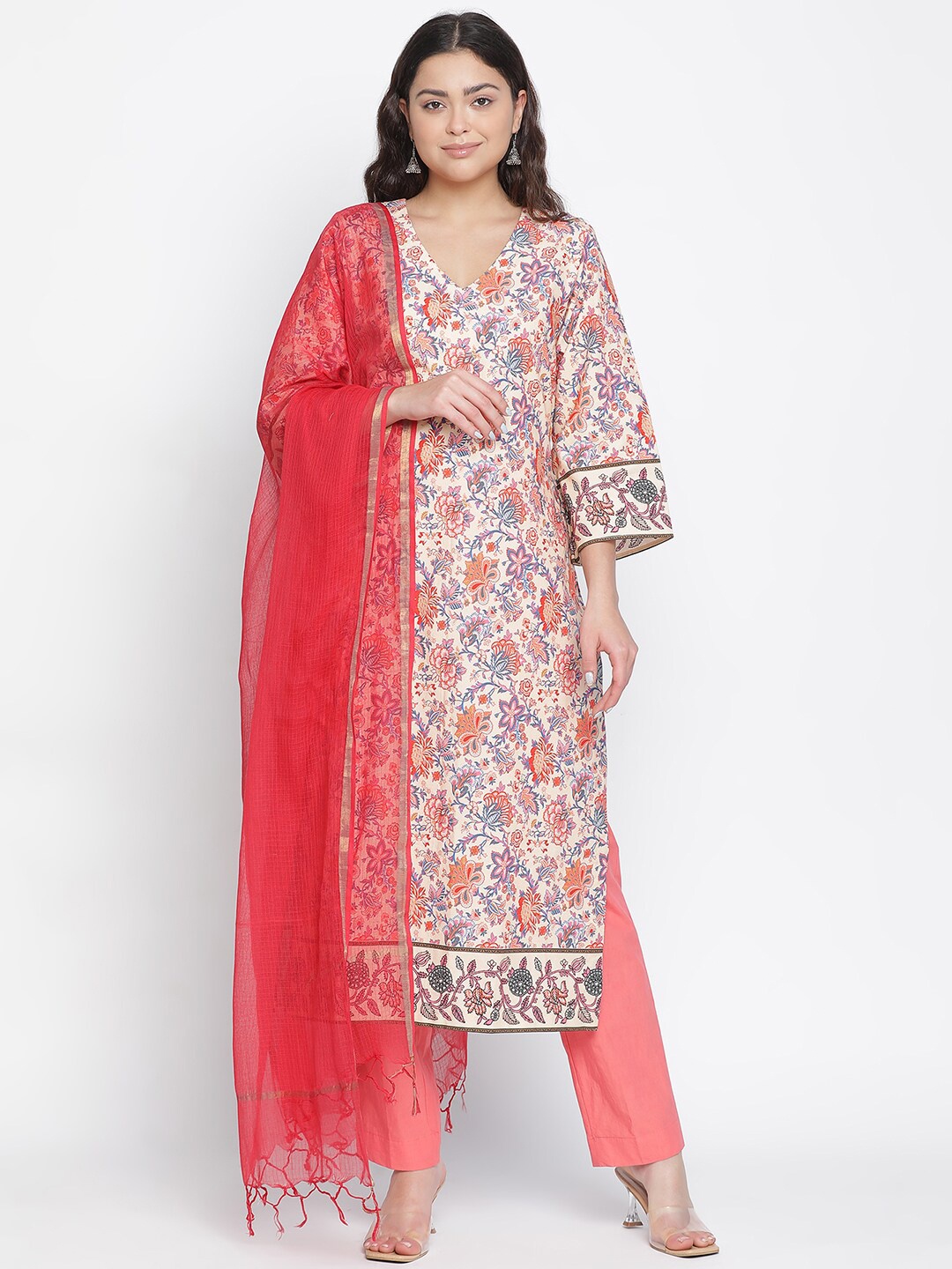 

SHINGORA Floral Printed Pure Cotton Unstitched Dress Material, Beige