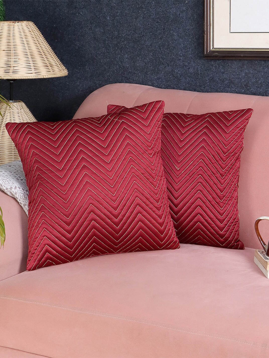

MFD HOME FURNISHING Maroon 2 Pieces Geometric Satin Square Cushion Covers
