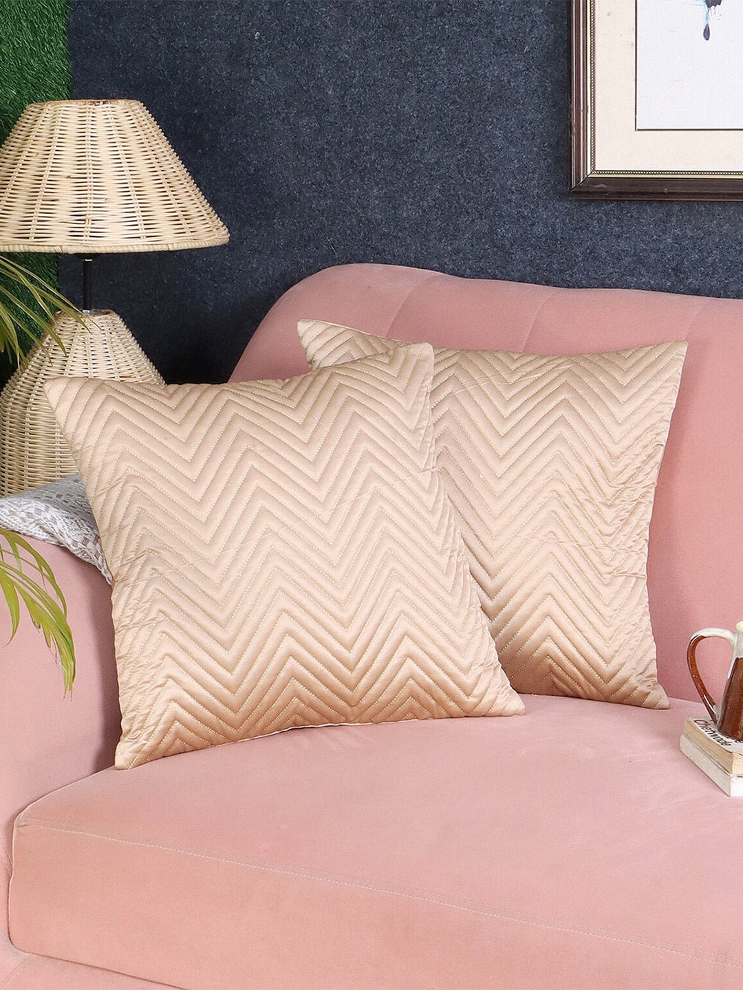 

MFD HOME FURNISHING Beige 2 Pieces Self Design Satin Square Cushion Covers