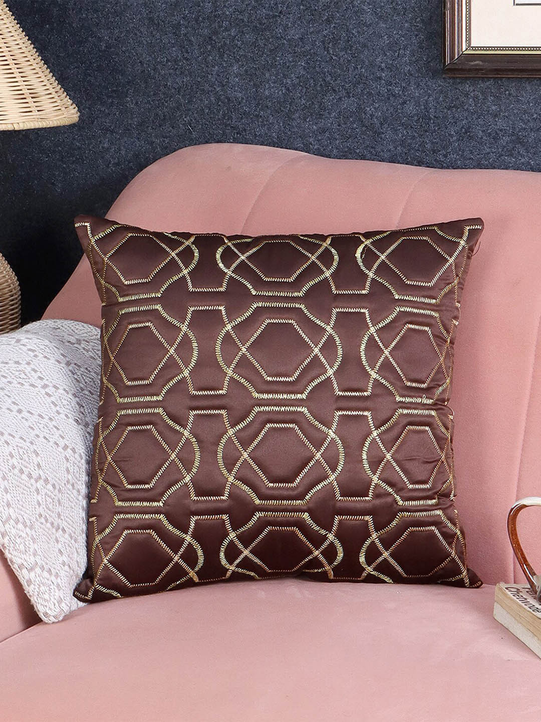

MFD HOME FURNISHING Brown Geometric Self Design Satin Square Cushion Cover