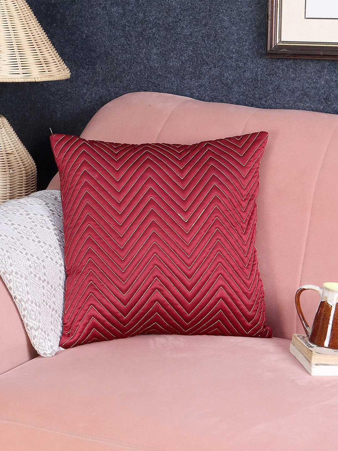 

MFD HOME FURNISHING Maroon Self Design Satin Square Cushion Cover