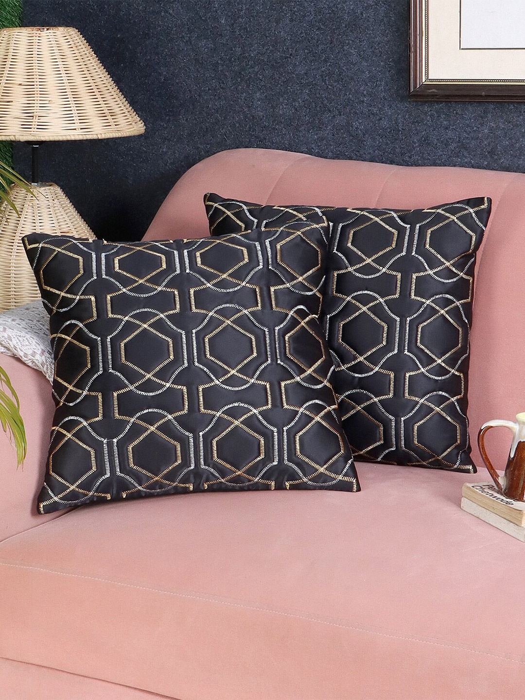 

MFD HOME FURNISHING Black 2 Pieces Self Design Satin Square Cushion Covers