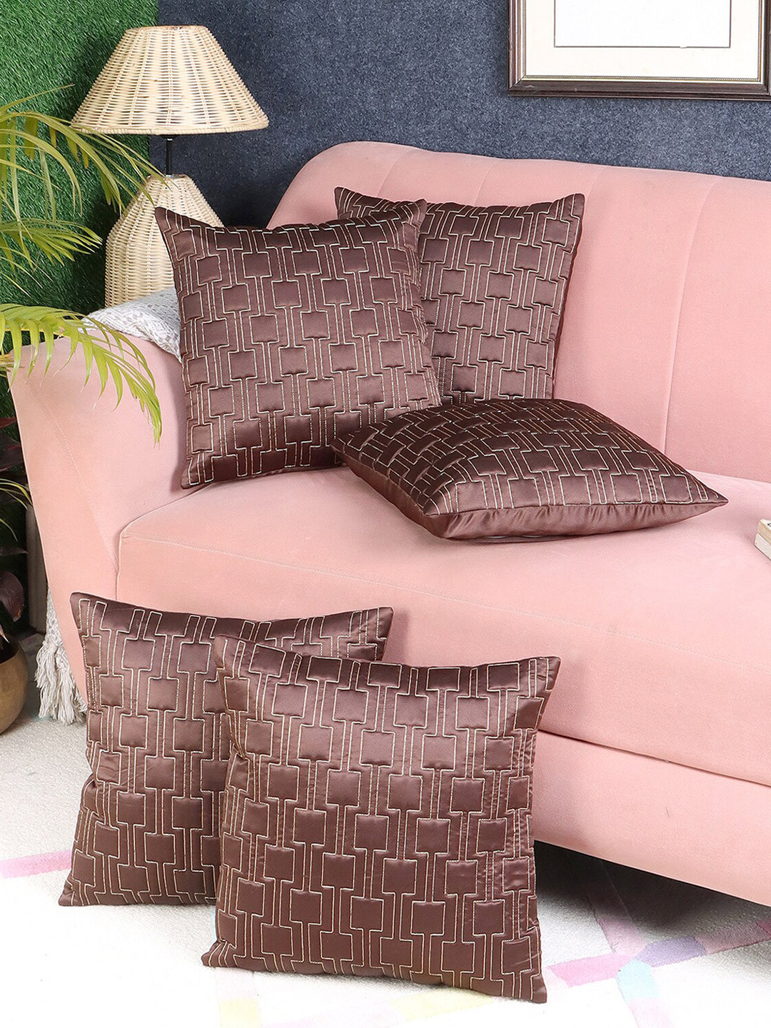 

MFD HOME FURNISHING Brown 5 Pieces Self Design Satin Square Cushion Covers