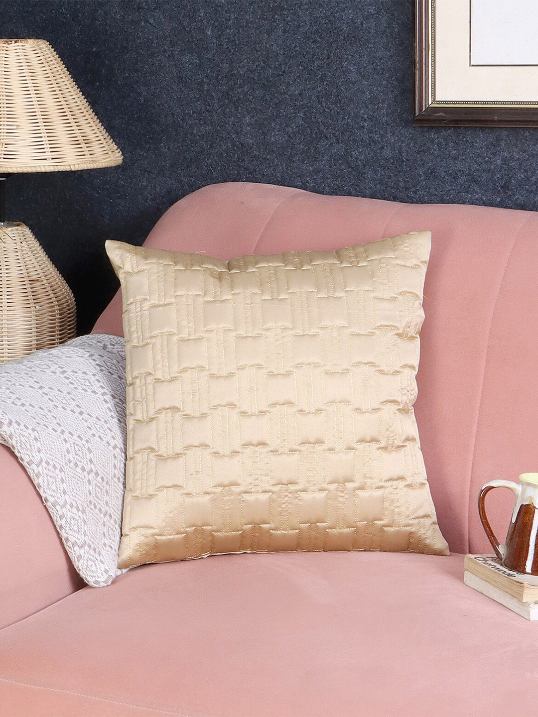

MFD HOME FURNISHING Beige Self Design Satin Square Cushion Cover
