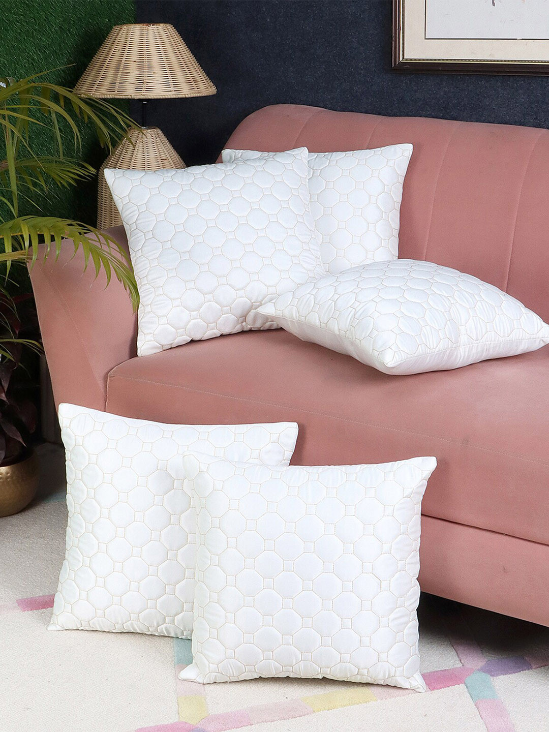 

MFD HOME FURNISHING White 5 Pieces Self Design Satin Square Cushion Covers
