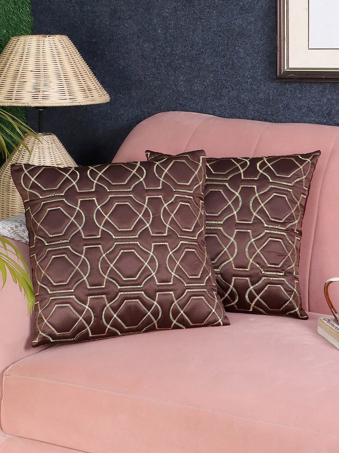 

MFD HOME FURNISHING Brown & Gold-Toned 2 Pieces Self Design Satin Square Cushion Covers