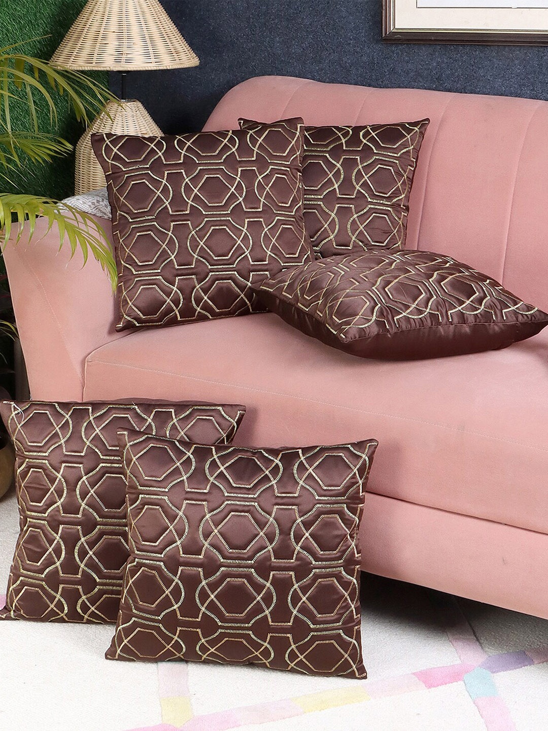 

MFD HOME FURNISHING Brown 5 Pieces Self Design Satin Square Cushion Covers