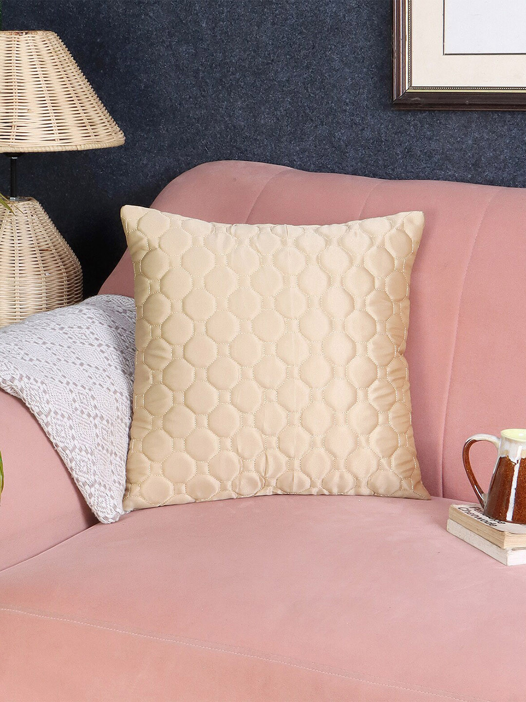 

MFD HOME FURNISHING Beige Self Design Satin Square Cushion Cover