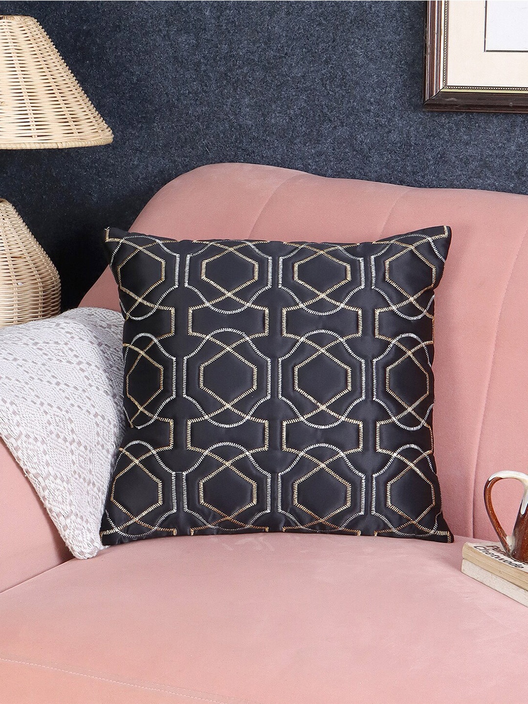 

MFD HOME FURNISHING Black Self Design Satin Square Cushion Cover