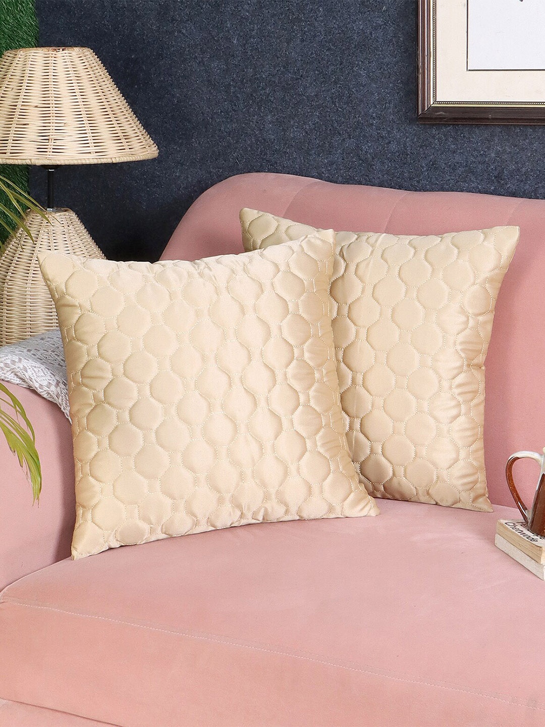 

MFD HOME FURNISHING Beige 2 Pieces Self Design Satin Square Cushion Covers