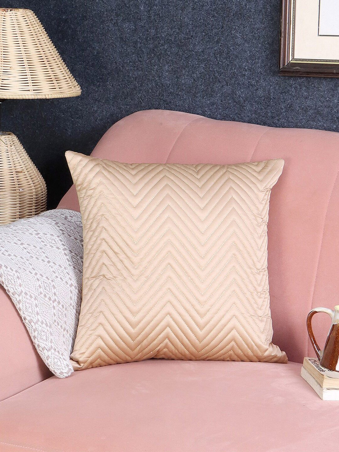 

MFD HOME FURNISHING Beige Self Design Satin Square Cushion Cover