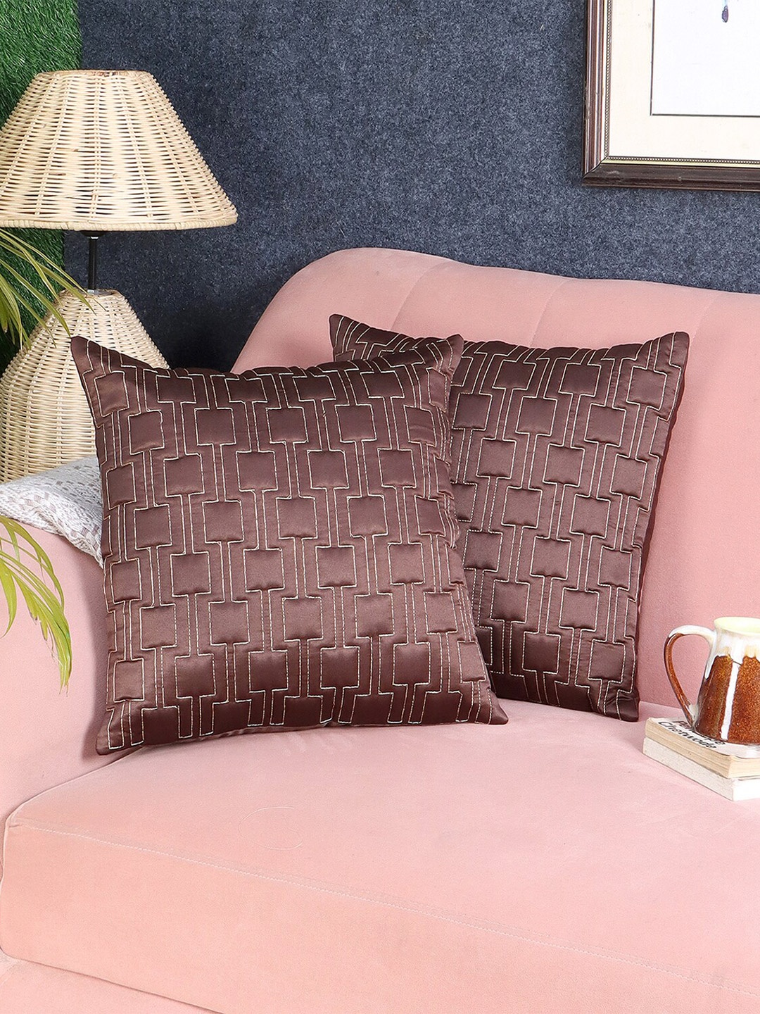 

MFD HOME FURNISHING Brown 2 Pieces Self Design Satin Square Cushion Covers