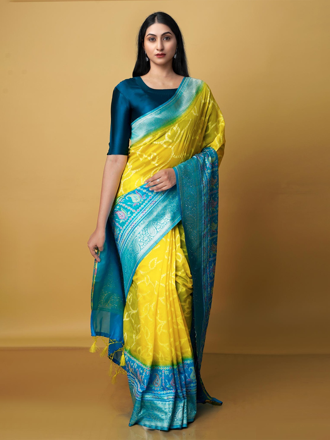 

Unnati Silks Woven Design Zari Silk Blend Banarasi Saree, Yellow