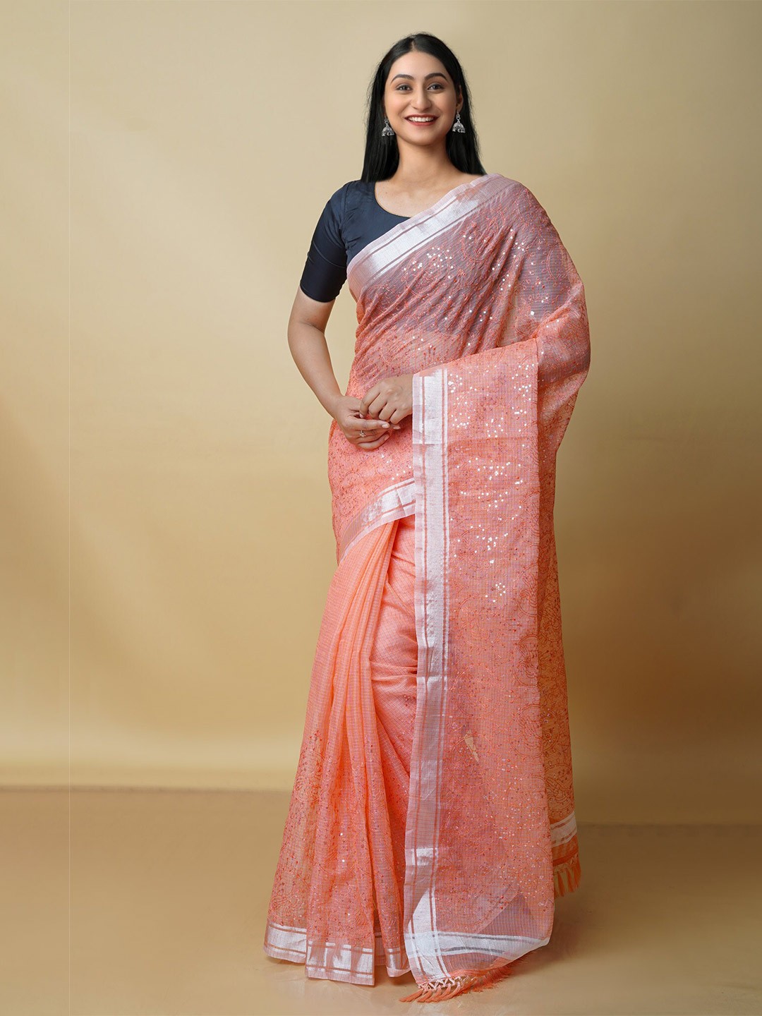 

Unnati Silks Ethnic Motifs Zari Pure Cotton Handloom Kota Saree, Orange