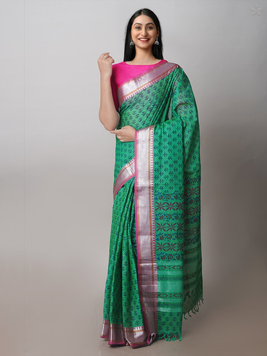 

Unnati Silks Floral Zari Chettinad Saree, Green