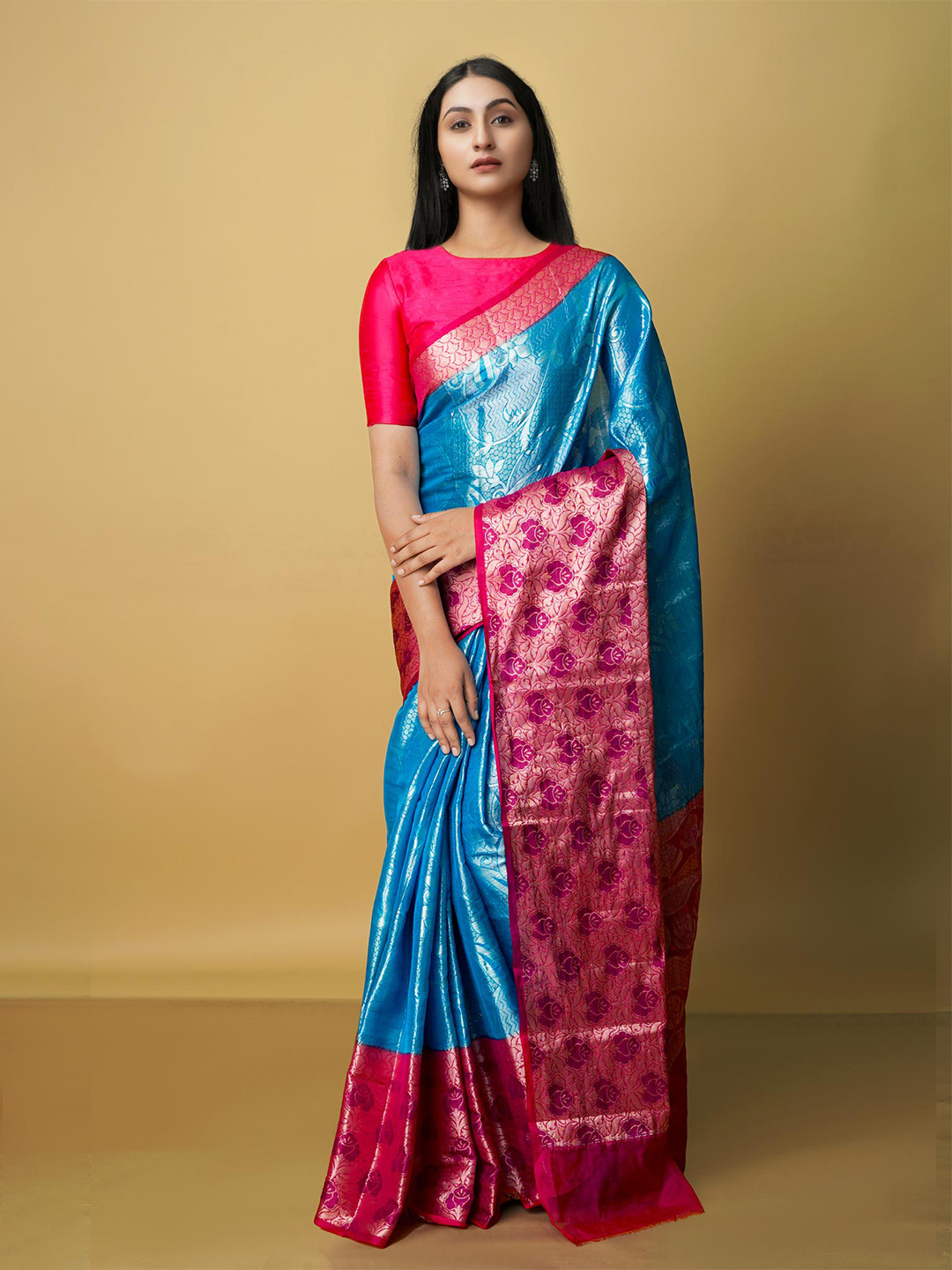

Unnati Silks Woven Design Zari Silk Blend Banarasi Saree, Blue