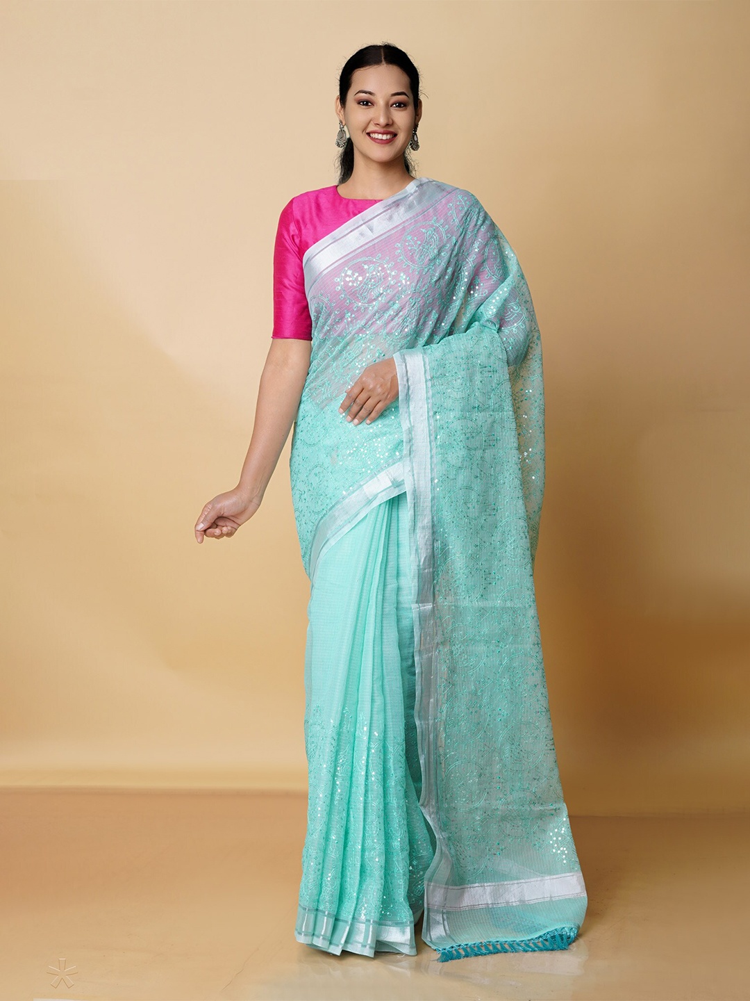 

Unnati Silks Floral Sequinned Pure Cotton Handloom Kota Saree, Green