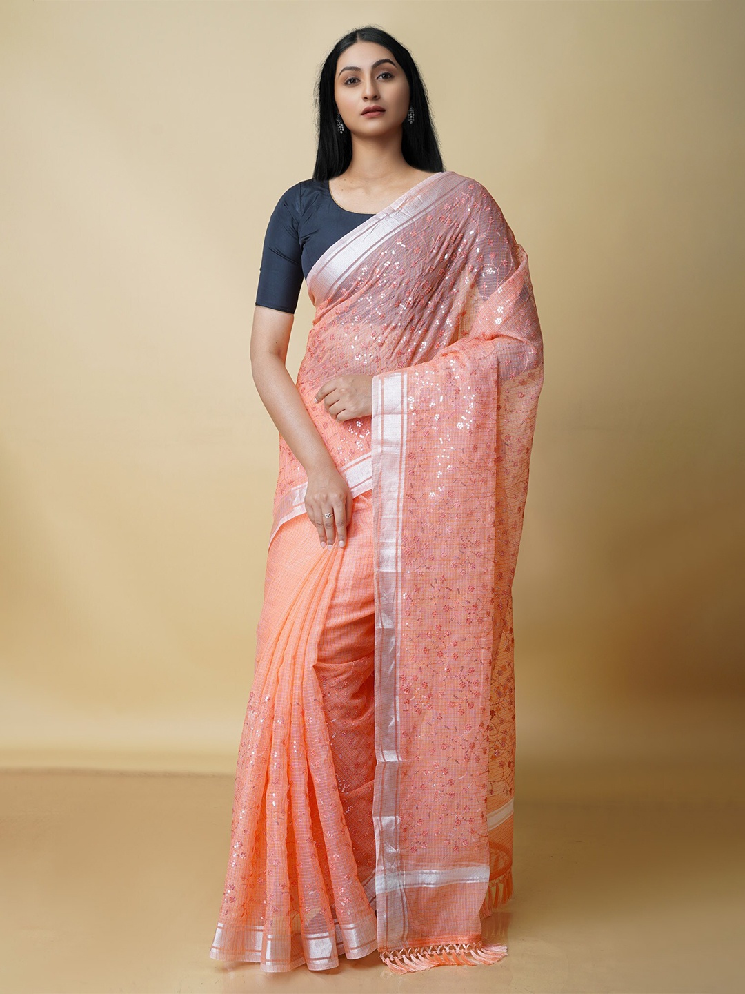

Unnati Silks Embellished Sequinned Pure Cotton Kota Saree, Orange