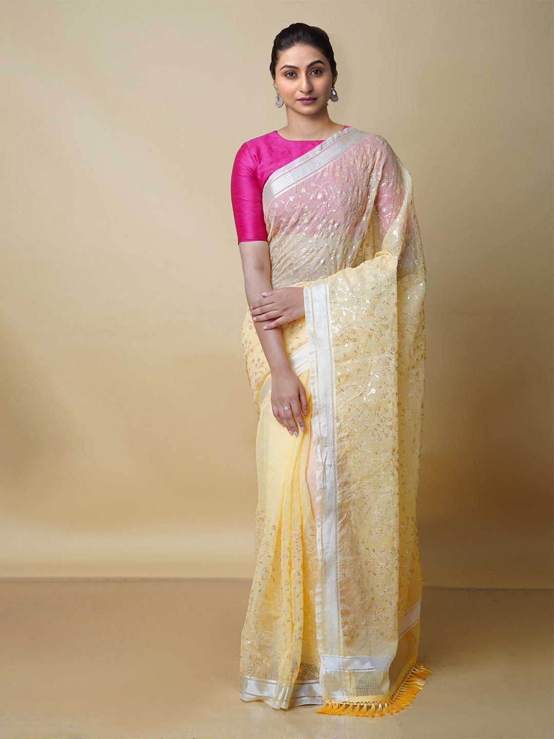 

Unnati Silks Floral Embroidered Pure Cotton Handloom Kota Saree, Yellow