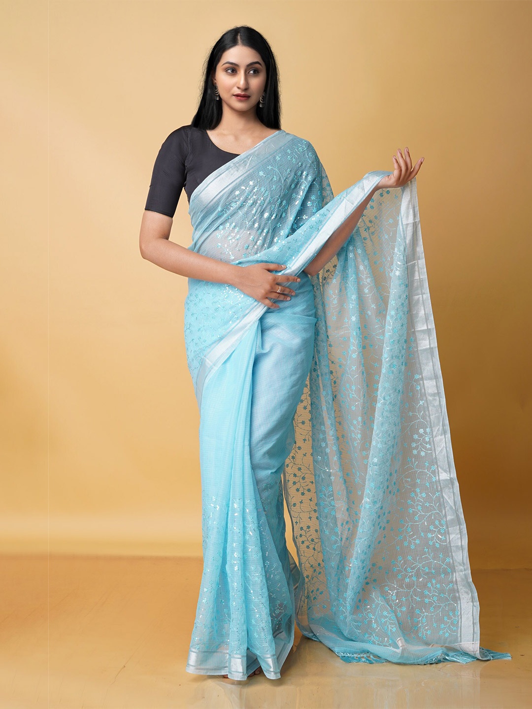 

Unnati Silks Floral Zari Pure Cotton Kota Saree, Blue