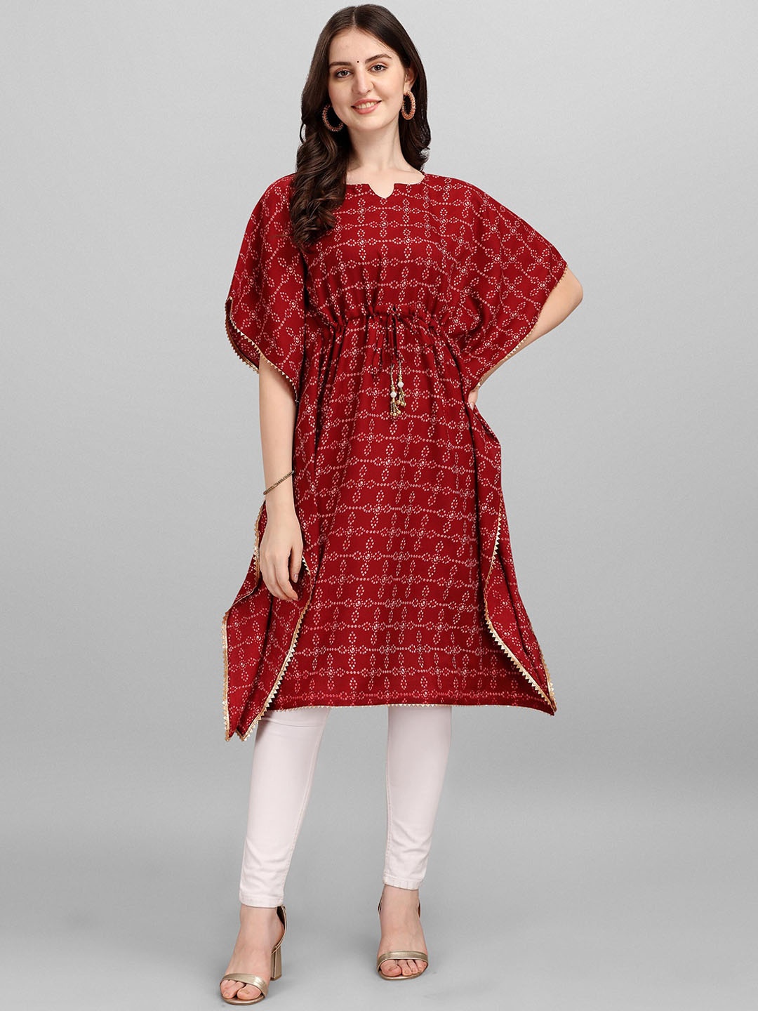 

Shiv Textiles Bandhani Printed Notched Neck Pure Cotton Kaftan Kurta, Maroon